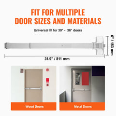 Stainless steel 31-inch push bar panic exit device for wood and metal doors 30 to 36 inches wide.