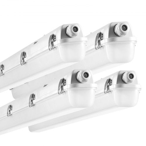 Four white 4-foot LED vapor tight lights with selectable wattage and mounting clips.