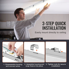 Man installing a 4FT LED vapor tight light on ceiling in 3-step process.
