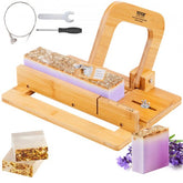 Bostome bamboo soap cutter with adjustable 0-2 inch slicer, stainless steel wire, and soap bars.