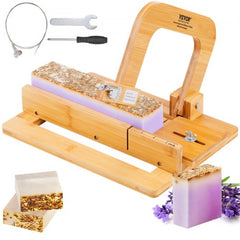 Bostome bamboo soap cutter with adjustable 0-2 inch slicer, stainless steel wire, and soap bars.