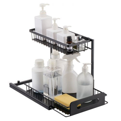 2-tier black wire pull-out organizer with white bottles and yellow sponge, 10.7x14.2 inches.