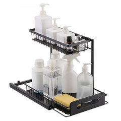 2-tier black wire pull-out organizer with white bottles and yellow sponge, 10.7x14.2 inches.