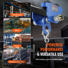 Blue manual push beam trolley with 2200 lbs capacity, adjustable for 2.5-7 inch flanges, shown in warehouse, mine, dock, and construction site settings.