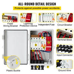 Diagram of Bostome 4-string PV combiner box showing wiring bracket, lightning device, fuses, breaker, terminals, and ground wire.