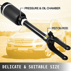 Black front air suspension strut for Mercedes W164 GL350, showing pressure chamber, piston rod, and vehicle fit.