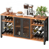 55-inch industrial bar cabinet in rustic oak with wine racks, glass doors, and metal frame.