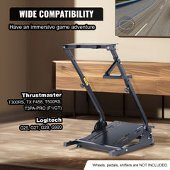 Foldable adjustable carbon steel racing wheel stand for gaming setups.