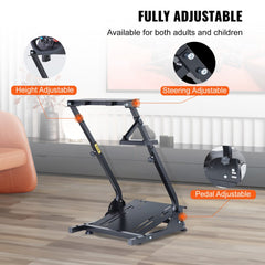 Adjustable black carbon steel racing wheel stand with foldable frame and non-skid pads.