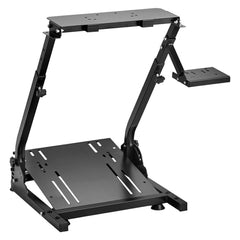 Black foldable adjustable carbon steel racing wheel stand with shifter mount platform.