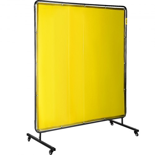 A 6x6 ft yellow flame-resistant vinyl welding screen with black metal frame and wheels.