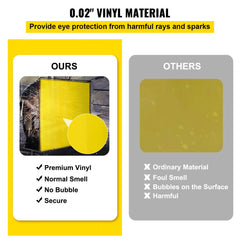 Yellow 6x6 ft flame-resistant vinyl welding screen with frame, wheels, and comparison to ordinary materials.