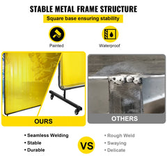 Yellow 6x6 ft flame-resistant vinyl welding screen with stable metal frame, wheels, and seamless welding details.