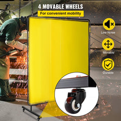 Yellow 6x6 ft flame-resistant vinyl welding screen on steel frame with four movable wheels.