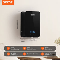 Black Bostome HVAC scent diffuser with 180ml capacity, Bluetooth control, and dimensions shown on white background.
