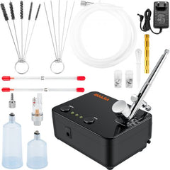 Bostome Portable Airbrush Kit with compressor, featuring dual-action control and adjustable spray modes.