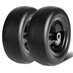 Two black 11x4-7 inch flat-free PU lawn mower tires with steel rims.