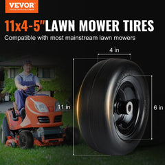 Two 11x4-7 inch flat-free polyurethane lawn mower tires with black steel rims, shown on an orange riding mower.