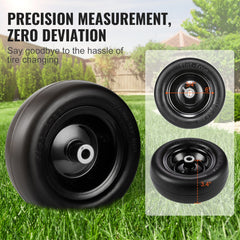Two 11x4-7 inch flat-free PU lawn mower tires with black steel rims on grass background.