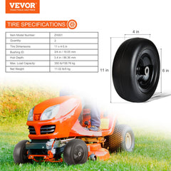 Two 11x4-7 inch flat-free polyurethane lawn mower tires with black steel rims and turf treads.