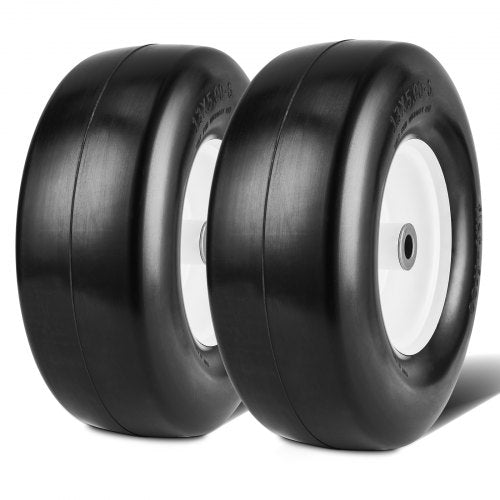 Two black flat-free PU lawn mower tires with white rims, size 13x5-6, 2-pack.