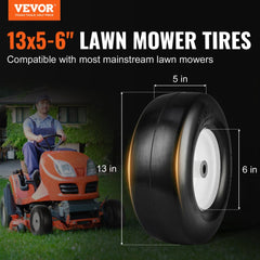 Two 13x5-6 flat-free PU lawn mower tires with black treads and white rims on a riding mower.