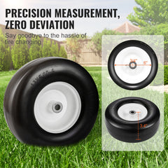 Two black flat-free PU lawn mower tires with white rims, size 13x5-6, shown on grass.