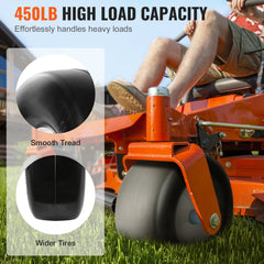 Two 13x5-6 flat-free PU lawn mower tires with black rims, showing smooth treads and wide design on an orange mower.