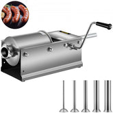 Stainless steel 3L manual horizontal sausage stuffer with crank handle and 5 nozzles.