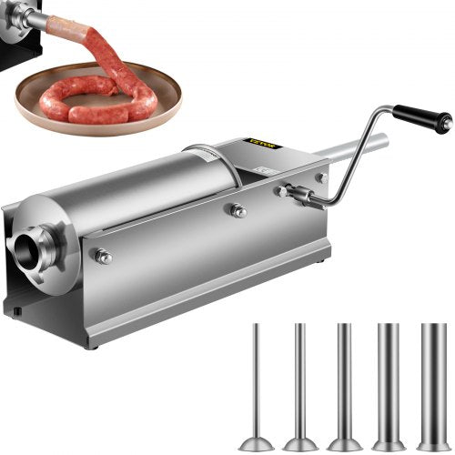 Stainless steel 5L manual horizontal sausage stuffer with crank, tubes, and meat extrusion.