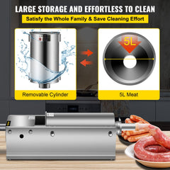 Stainless steel 5L manual horizontal sausage stuffer with removable cylinder and meat.
