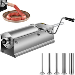 Stainless steel 5L manual horizontal sausage stuffer with crank handle, tubes, and meat extrusion.