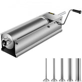 Stainless steel 7L manual horizontal sausage stuffer with crank handle and 5 nozzles.
