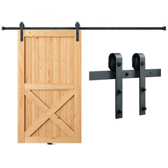 Bostome 10FT J-Shape sliding barn door hardware kit with wooden door and black track.