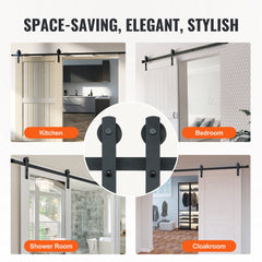 Black I-shaped sliding barn door hardware kit with 10ft track, shown installed in kitchen, bedroom, shower room, and cloakroom.
