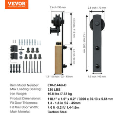Heavy-duty 10ft I-shape sliding barn door hardware kit with carbon steel track, pulleys, and mounting hardware.