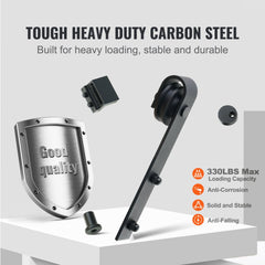 Heavy-duty black powder-coated sliding barn door hardware kit with J-shaped pulleys.