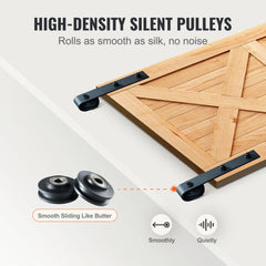 Heavy-duty black powder-coated sliding barn door hardware kit with J-shaped pulleys.