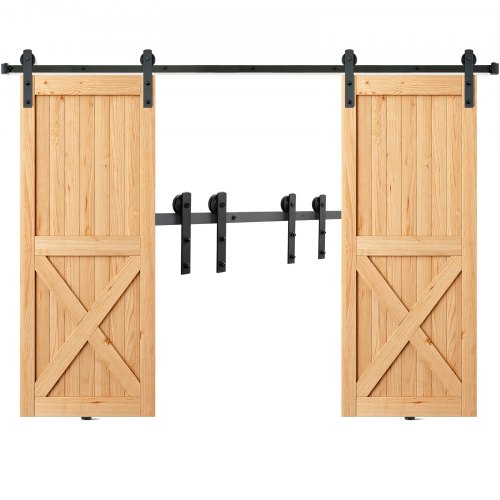 Black powder-coated sliding barn door hardware kit for double doors with an 8ft track.