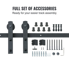 Full set of black metal hardware for 8FT I-Shape sliding barn door track assembly, including rails, wheels, and fasteners.