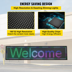 Full color LED scrolling sign measuring 40"x9" with WiFi and USB control options.