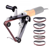 Bostome belt sander adapter for angle grinder with 5/8-11 thread and 10 sanding belts.