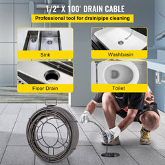 Bostome 100ft x 1/2in solid core drain cleaning cable made of 65MN steel for durable performance.