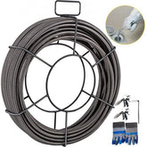 100ft x 3/8in solid core drain cleaning cable coiled in a metal frame with handle, cutters, and gloves.