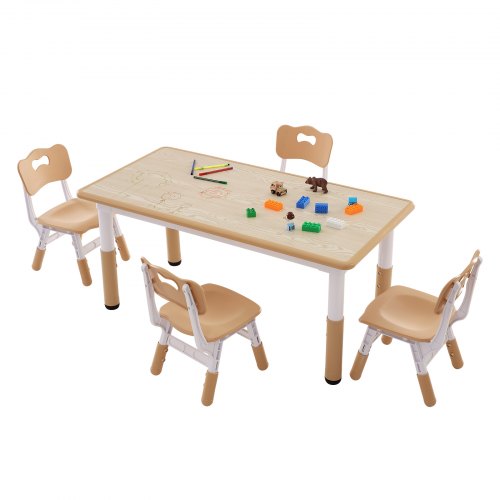 Kids adjustable height table with graffiti desktop and four matching chairs, shown with toys and crayons.