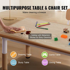 Kids adjustable height table with graffiti melamine desktop and 4 chairs set, shown with cleaning and play elements.