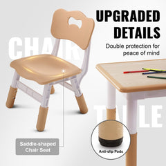 Beige saddle-shaped kids chair with anti-slip pads next to adjustable table and crayons.