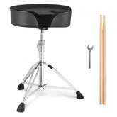 Black adjustable saddle drum throne with tripod base, drumsticks, and wrench.