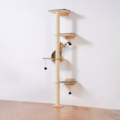 Wall-mounted cat tree with pine wood shelves, platforms, and plush-covered jumping boards.