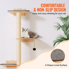 Bostome wall mounted cat tree with pine wood shelves, platforms, and climbing accessories.